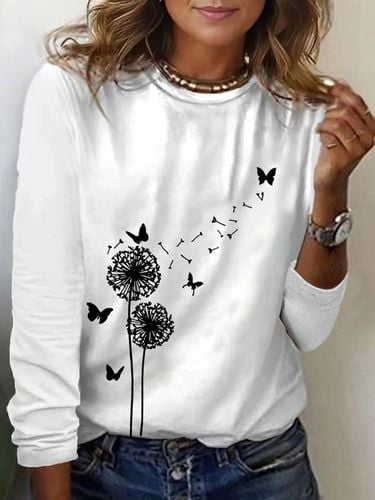 Dandelion Print Long Sleeve Crew Neck T-shirt - Just Fashion Now - Modalova