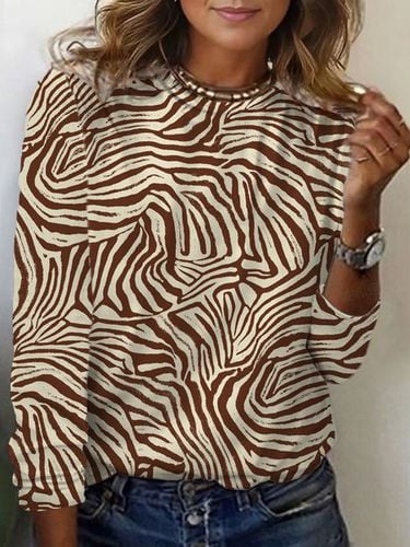 Zebra Print Crew Neck Long Sleeve T-shirt - Just Fashion Now - Modalova