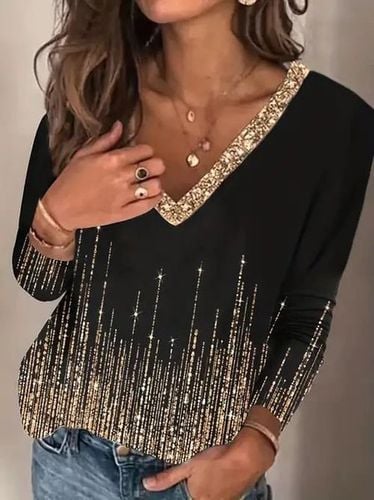 Women's Sequined Rhinestone Long Sleeve Casual Basic V Neck T-Shirt - Just Fashion Now - Modalova