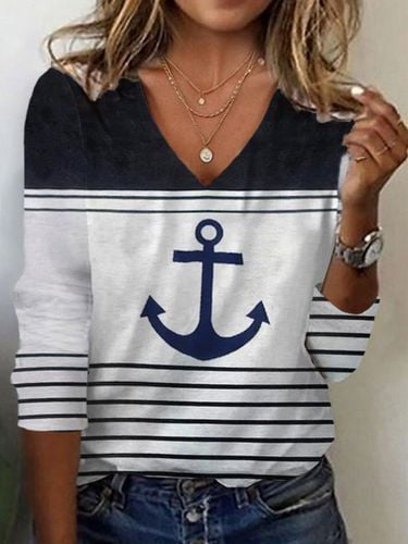 Anchor Print Long Sleeve V-Neck T-shirt - Just Fashion Now - Modalova