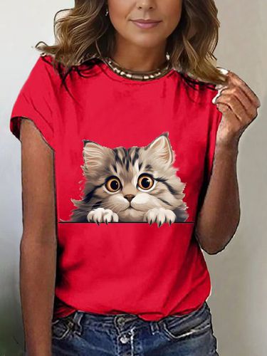 Women's Short Sleeve T-shirt Summer Black Cat Cotton-Blend Crew Neck Daily Going Out Casual Top - Just Fashion Now - Modalova