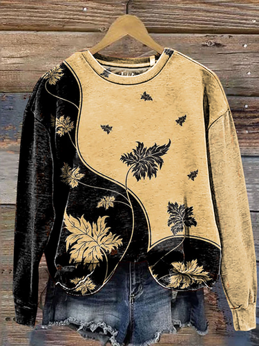 Leaf Print Long Sleeve Crew Neck Sweatshirt - Just Fashion Now - Modalova