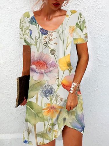 Floral Print Short Sleeve Round Neck Dress - Just Fashion Now - Modalova