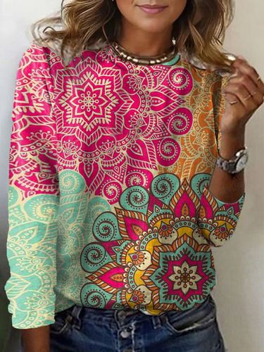 Ethnic Print Long Sleeve Crew Neck T-shirt - Just Fashion Now - Modalova