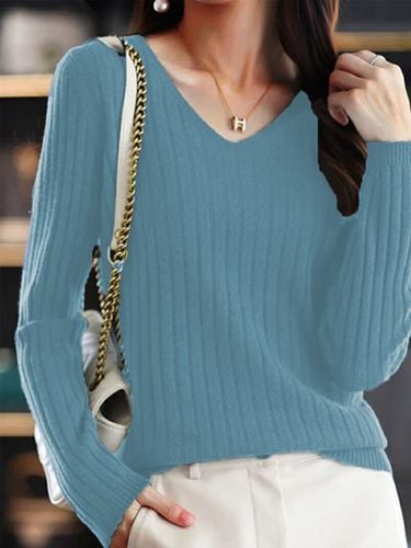 Casual V-neck Yarn/Wool Yarn Plain Sweater - Just Fashion Now - Modalova