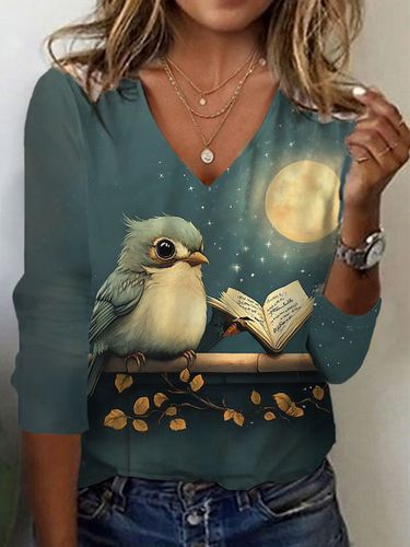 Bird Print Long Sleeve V-Neck T-shirt - Just Fashion Now - Modalova