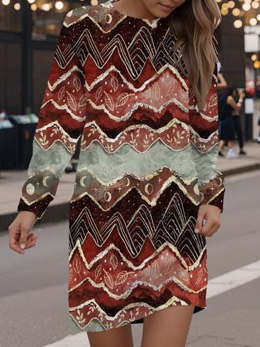 Geometric Print Long Sleeve Crew Neck Dress - Just Fashion Now - Modalova