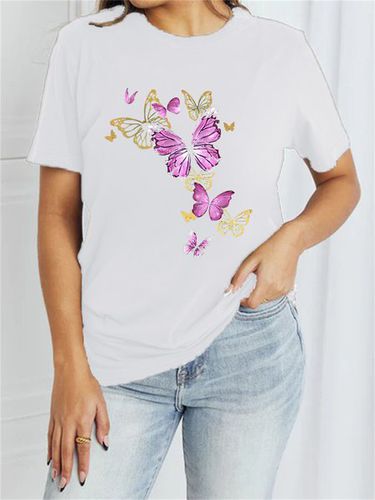 Women's Short Sleeve T-shirt Summer Black Butterfly Cotton-Blend Crew Neck Daily Going Out Casual Top - Just Fashion Now - Modalova