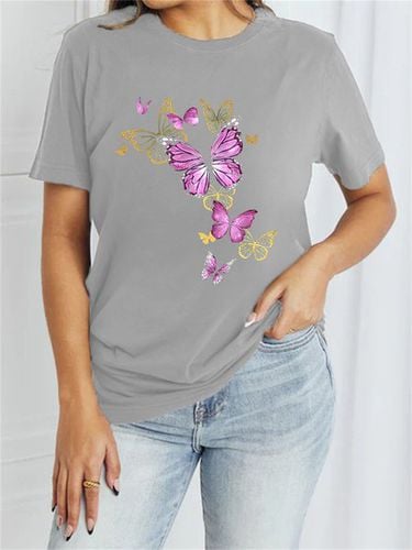 Women's Short Sleeve T-shirt Summer Black Butterfly Cotton-Blend Crew Neck Daily Going Out Casual Top - Just Fashion Now - Modalova