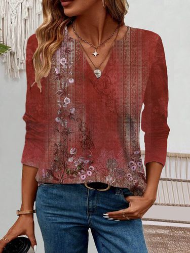 Ethnic Print Long Sleeve V-Neck T-shirt - Just Fashion Now - Modalova