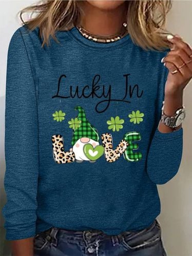 Four Leaf Clover Print Long Sleeve Crew Neck T-shirt - Just Fashion Now - Modalova