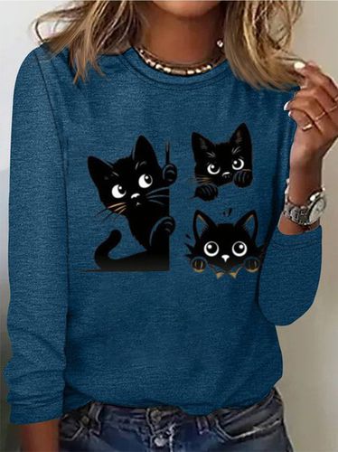 Cat Print Casual T-Shirt - Just Fashion Now - Modalova