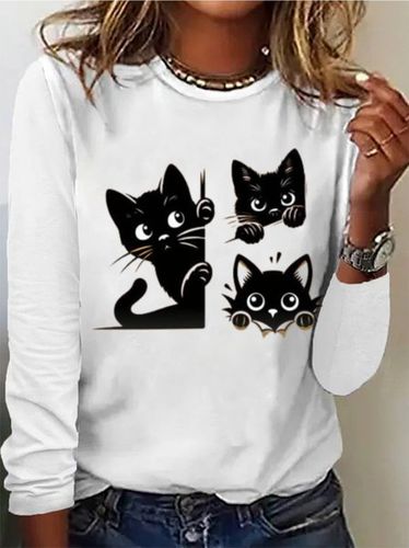 Cat Print Casual T-Shirt - Just Fashion Now - Modalova