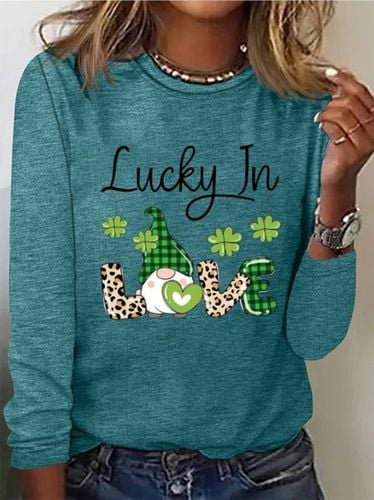 Four Leaf Clover Print Long Sleeve Crew Neck T-shirt - Just Fashion Now - Modalova