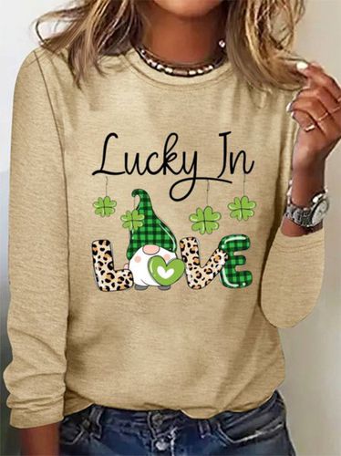 Four Leaf Clover Print Long Sleeve Crew Neck T-shirt - Just Fashion Now - Modalova