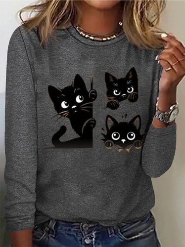 Cat Print Casual T-Shirt - Just Fashion Now - Modalova