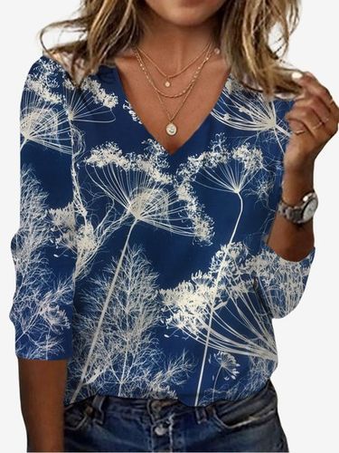 Floral Print Long Sleeve V-Neck T-shirt - Just Fashion Now - Modalova