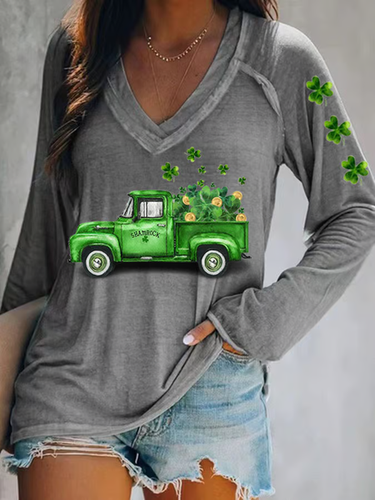 Women's St. Patrick's Day Shamrock Casual Printed Long Sleeve V-Neck Top - Just Fashion Now - Modalova