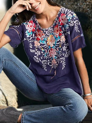 Round Neck Floral Casual T-shirt - Modetalente - Modalova