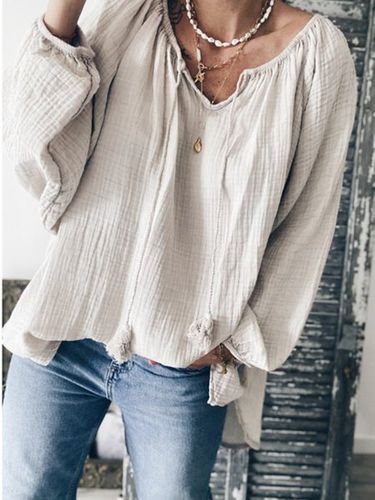 Light Gray Plain Cotton Long Sleeve V Neck T-shirt - Modetalente - Modalova