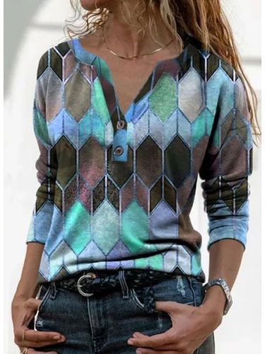 JFN Women V Neck Geometric Buttoned Casual Long Sleeve Shirt Top - Just Fashion Now - Modalova