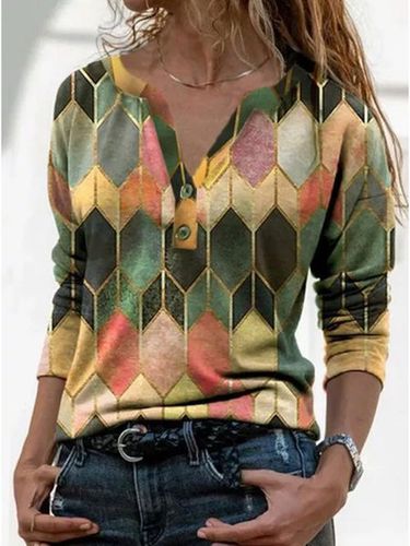 JFN Women V Neck Geometric Buttoned Casual Long Sleeve Shirt Top - Just Fashion Now - Modalova