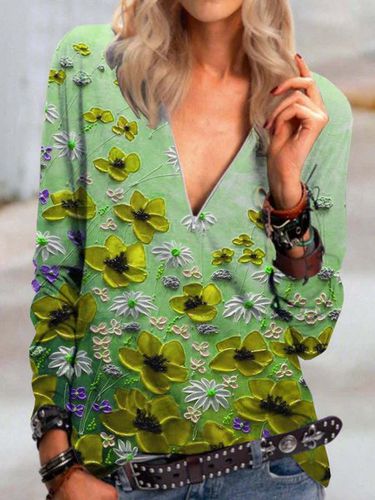 Floral Long Sleeve Printed Cotton-blend V neck Casual Green Top - Modetalente - Modalova