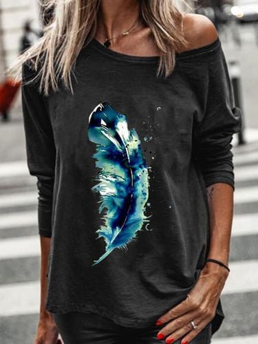 Round Neck Long Sleeve Printed Cotton-Blend T-shirt - Modetalente - Modalova