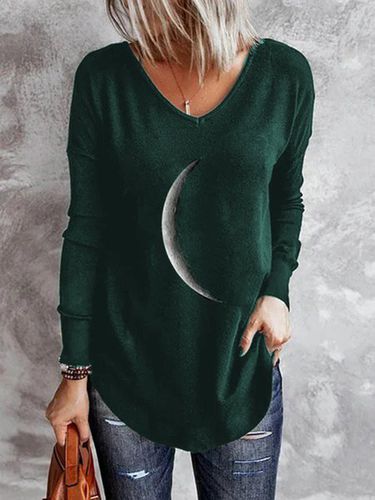 Moon Printed V Neck Casual Long Sleeve Shift Top - Just Fashion Now - Modalova