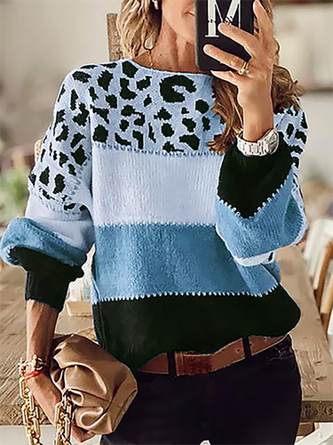 Crew Neck Leopard Long Sleeve Sweater - Modetalente - Modalova