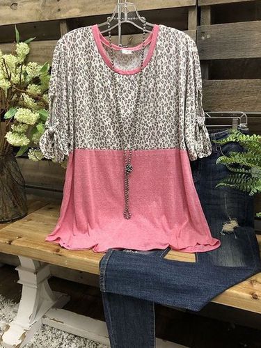 Leopard Half Sleeve Printed Cotton-blend Crew Neck Casual Summer Pink Top - Modetalente - Modalova