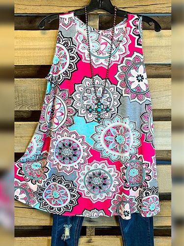 Paisley Sleeveless Printed Cotton-blend Crew Neck Casual Summer Pink Top - Modetalente - Modalova