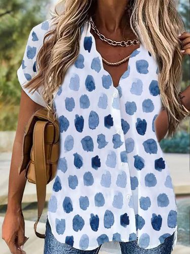 Polka Dots V Neck Buttoned Casual Short Sleeve Loosen Blouse - Modetalente - Modalova