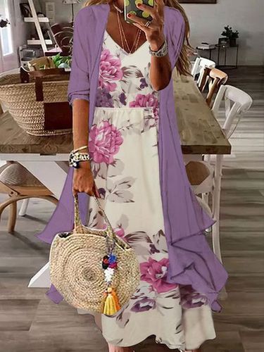 Two Piece Long Sleeve Casual V-neck Floral Printed Maxi Dress - Just Fashion Now - Modalova