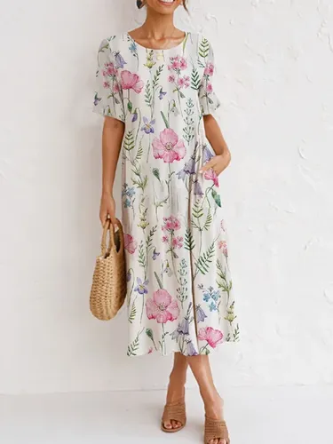 Women's Botanical Floral Design Loose Resort Dress - Just Fashion Now - Modalova