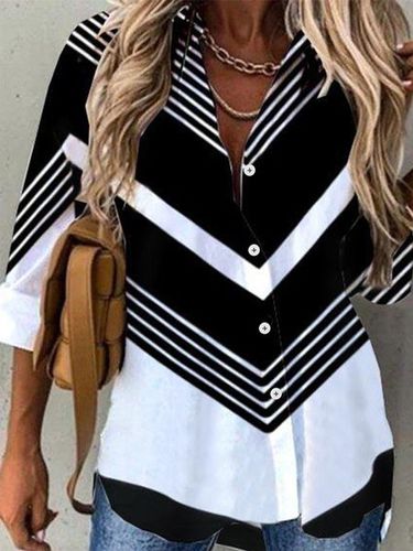 Shirt Collar Casual Striped Color Block Long Sleeve Blouse - Just Fashion Now - Modalova