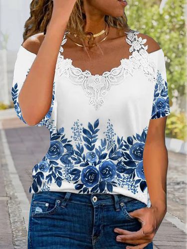 Holiday ink painting gradient flower lace wide truffle shoulder top T-shirt - Just Fashion Now - Modalova