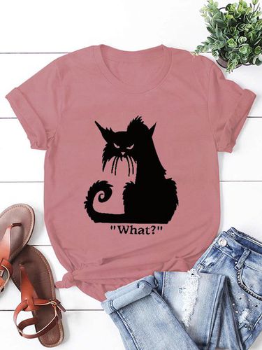 Women's Cat Print Crew Neck Casual Short Sleeve T-Shirt - Just Fashion Now - Modalova