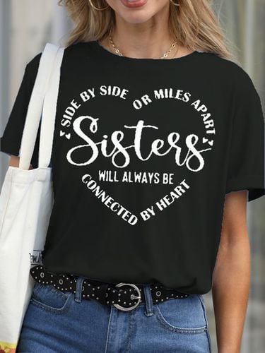 Womens Sisters Will Always Be Connected By Heart Letter Casual Short Sleeve T-Shirt - Modetalente - Modalova