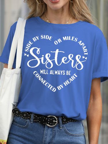 Womens Sisters Will Always Be Connected By Heart Letter Casual Short Sleeve T-Shirt - Modetalente - Modalova