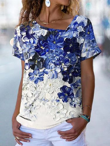 Floral Loosen Cotton Blends Short Sleeve T-Shirt - Just Fashion Now - Modalova