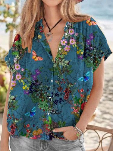 Vacation Floral Short Sleeve Blouse - Just Fashion Now - Modalova