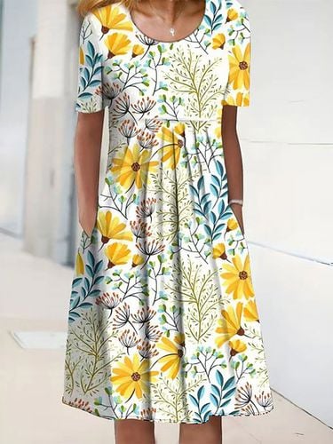 Vacation Floral Regular Fit Cotton Blends Short Sleeve Knit Dress - Just Fashion Now - Modalova
