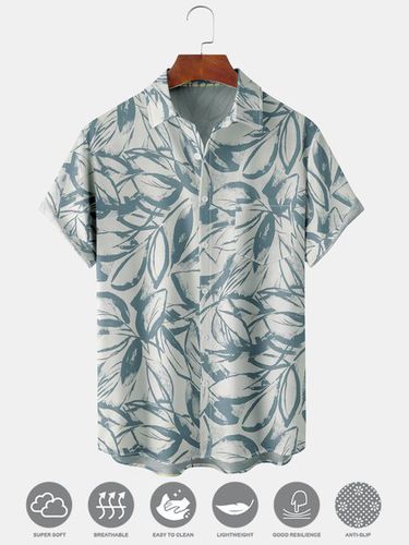 Men's Leaf Print Moisture Wicking Fabric Fashion Hawaiian Lapel Pocket Short Sleeve Shirt - Modetalente - Modalova