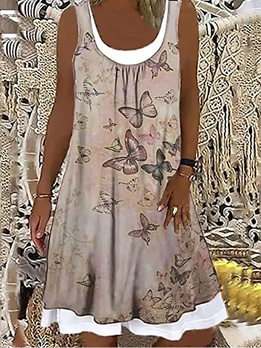 Casual Vacation Butterfly U-neck Sleeveless Knee Dress - Just Fashion Now - Modalova