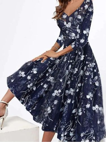 Elegant V Neck Floral Swing Dress - Just Fashion Now - Modalova