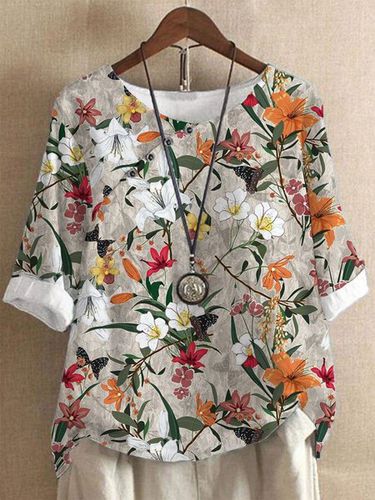 Floral Crew Neck Buttoned Top - Just Fashion Now - Modalova