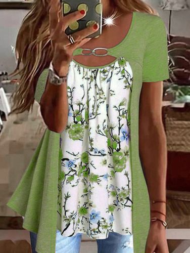 Casual Floral Design Fake Two Piece Short Sleeve Top - Just Fashion Now - Modalova