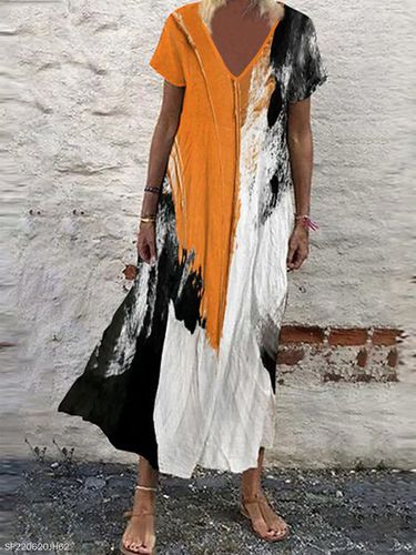 Color Block V Neck Casual Dress - Just Fashion Now - Modalova