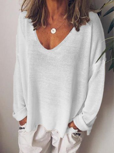 Casual V Neck Cotton-Blend Long Sleeve T-shirt - Modetalente - Modalova